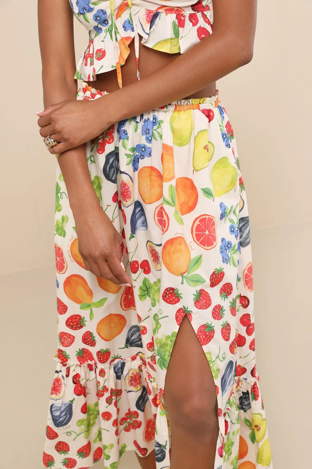 Casual Style White Multi Fruit Print Tiered Midi Skirt