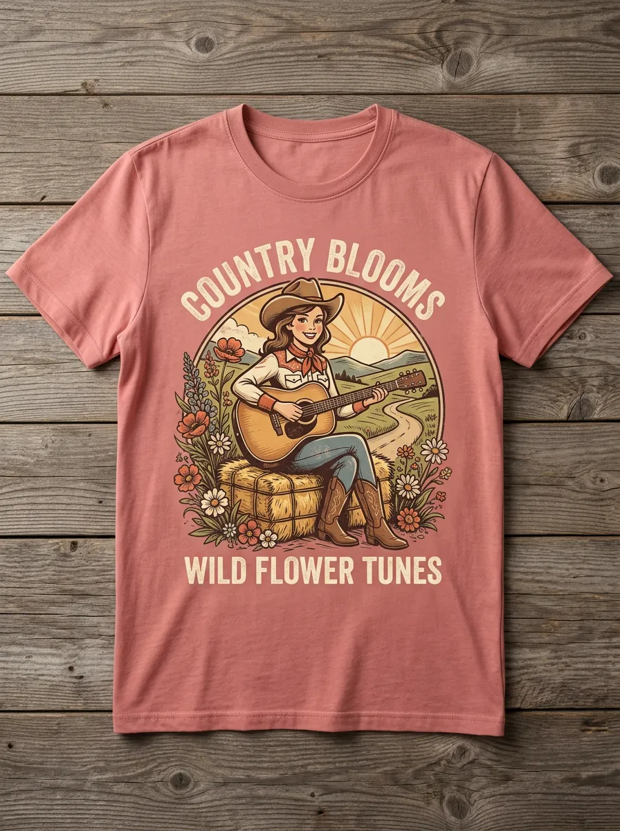 Guitar Cowgirl Floral Country Music Crewneck T-Shirt