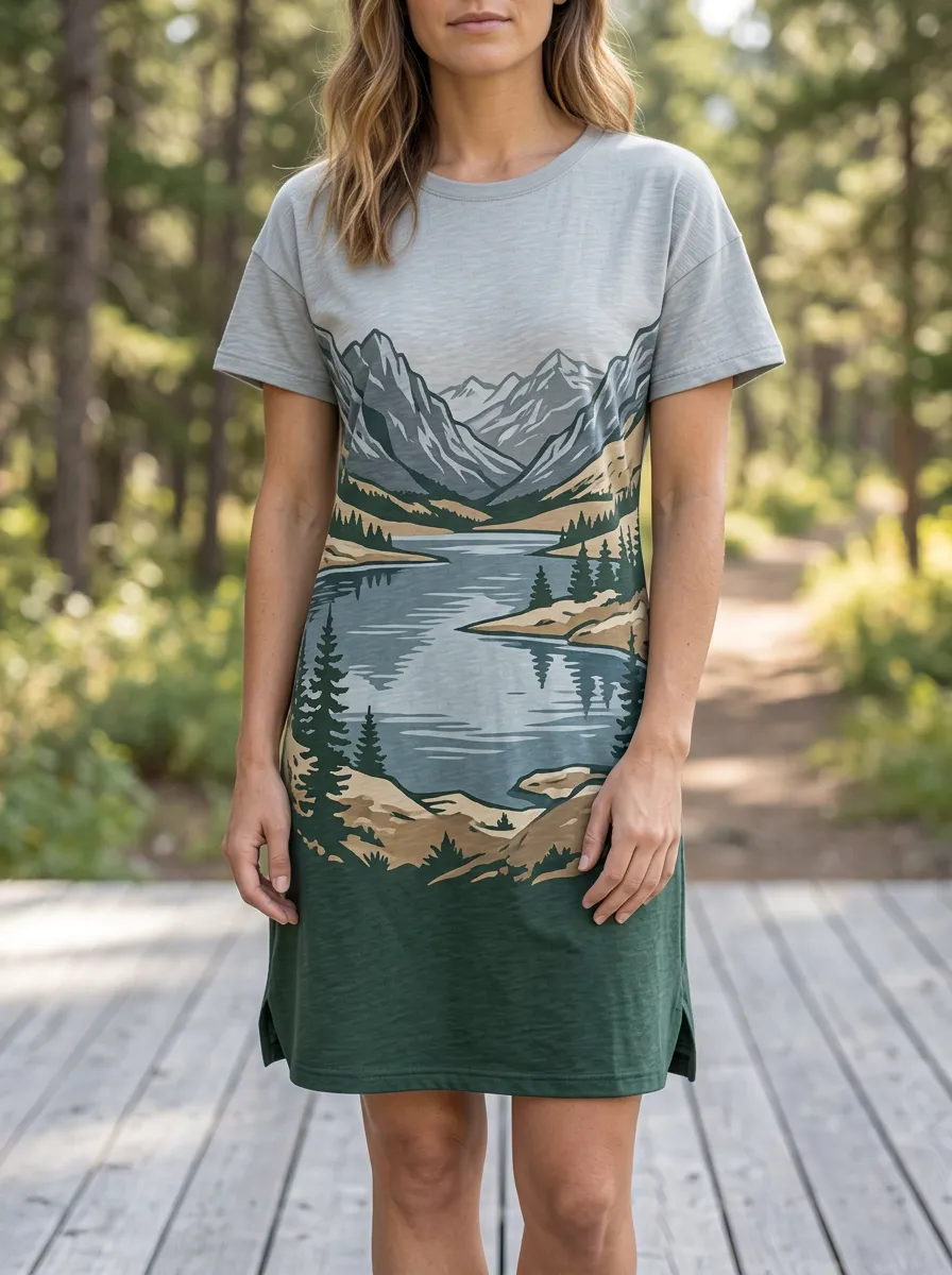 Women's Mountain Landscape Graphic T-Shirt Dress