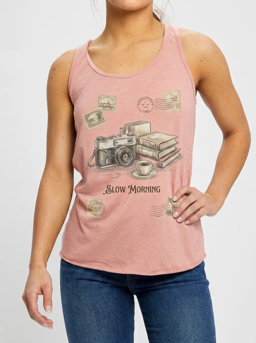 Women's Slow Morning Camera Books Coffee Stamp Printed Tank Top