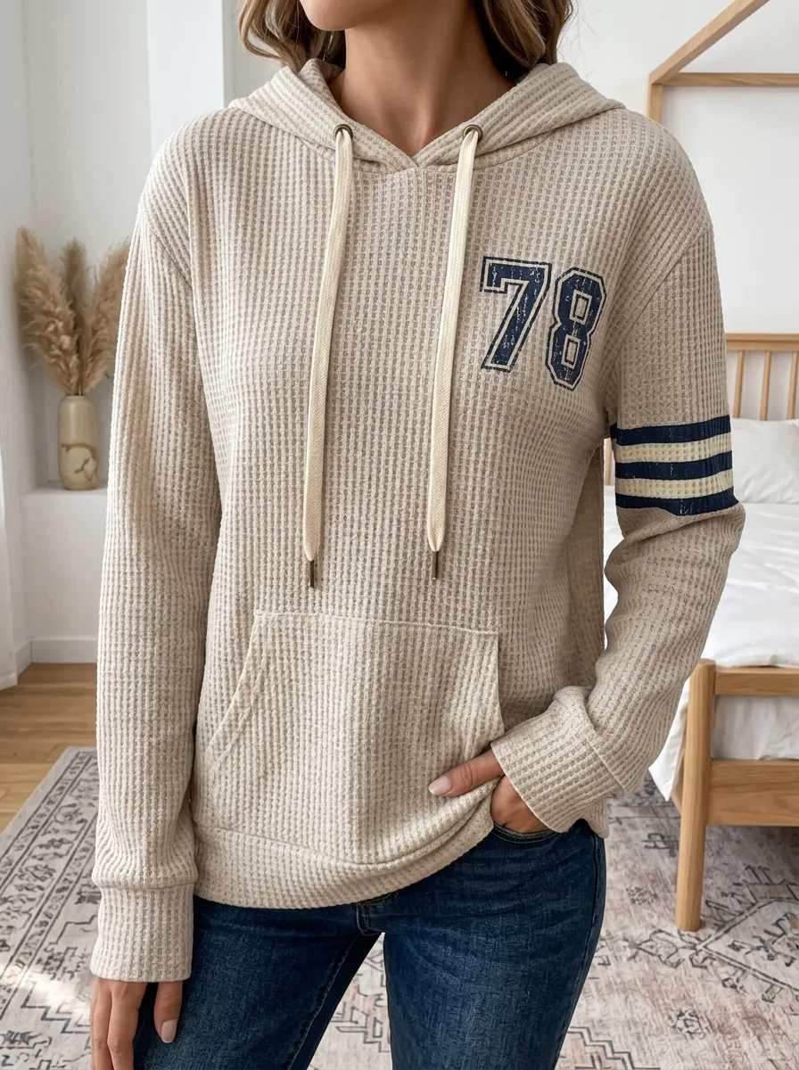 Women's Football Fan 78 Number Striped Sleeve Printed Waffle Hoodie
