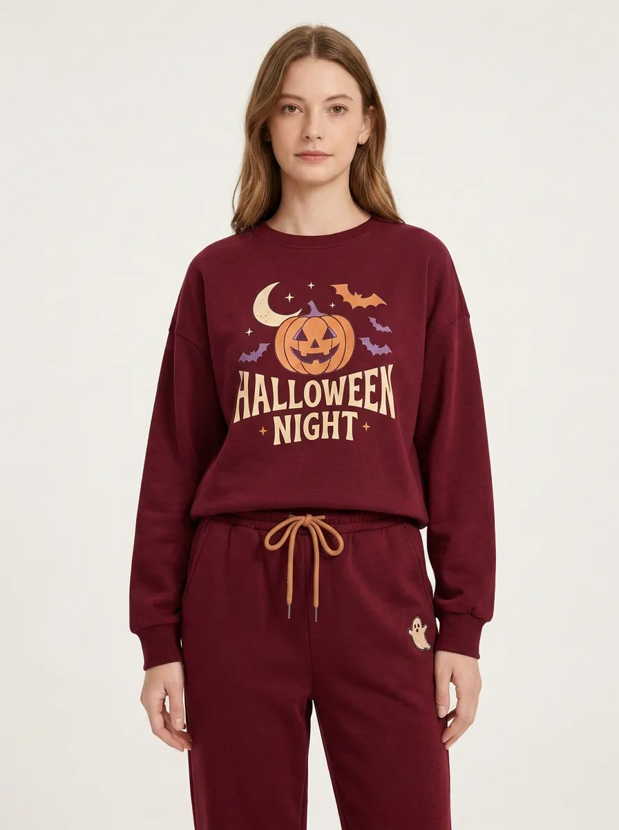 Women's Halloween Pumpkin Moon Bat Printed  Set