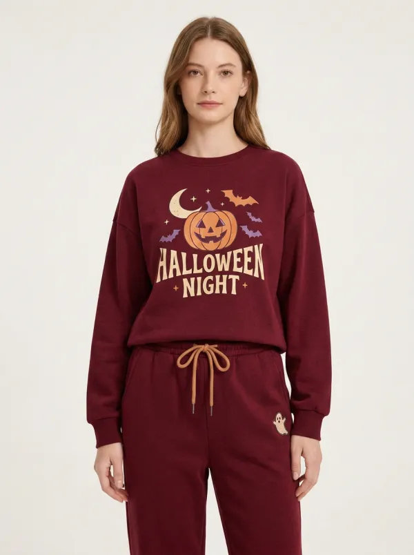 Women's Halloween Pumpkin Moon Bat Printed  Set