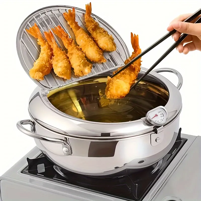 Stainless Steel Deep Fryer with Thermometer and Draining Rack, Kitchen Tool for Perfect Fried Foods