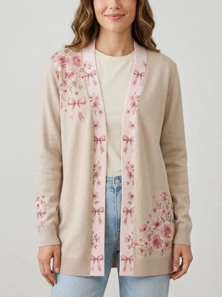 Women's Breast Cancer Awareness Pink Rose Bow Printed Cardigan
