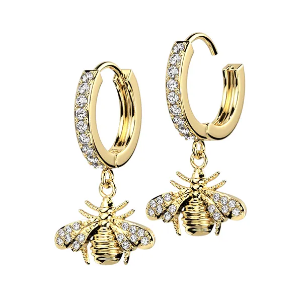 Bee Dangle Paved Cubic Zirconia Hoop Earrings