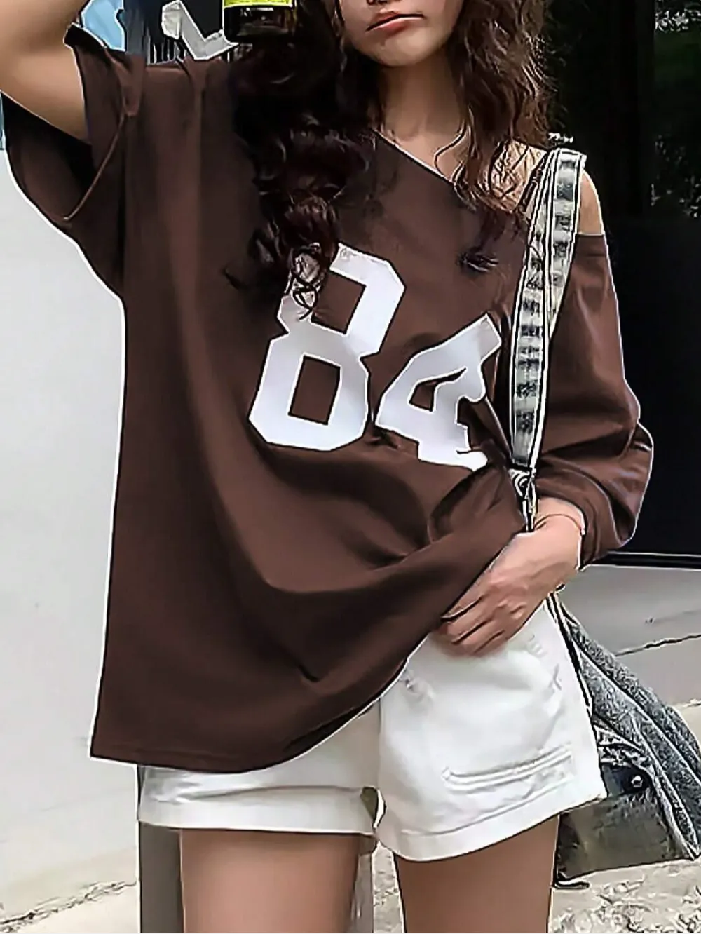 Women Brown Number 84 Off Shoulder Relaxed Fit T-Shirt