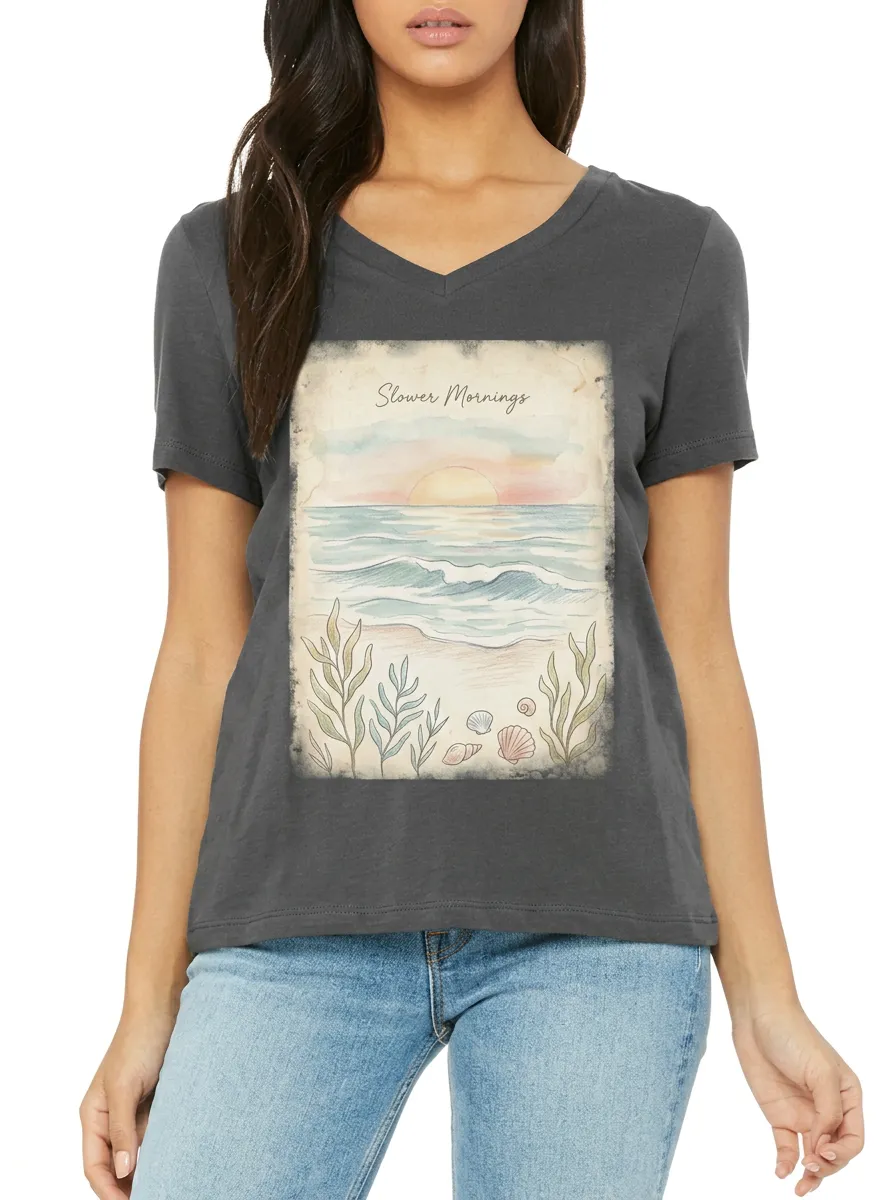 Women's Slower Mornings Beach Sunrise Seashells Printed V-neck T-shirt