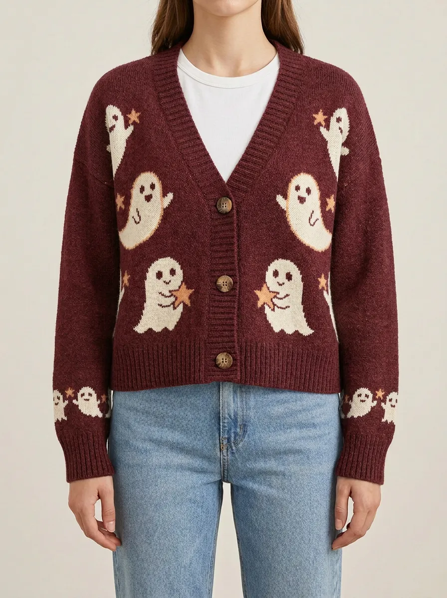 Women's Halloween Ghost Star Pattern Knitted Cardigan