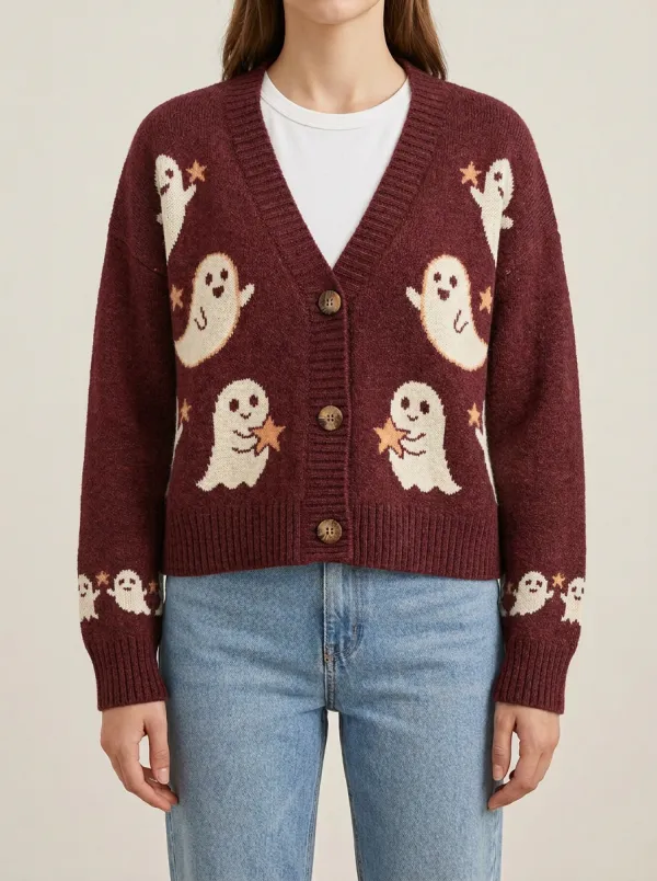 Women's Halloween Ghost Star Pattern Knitted Cardigan