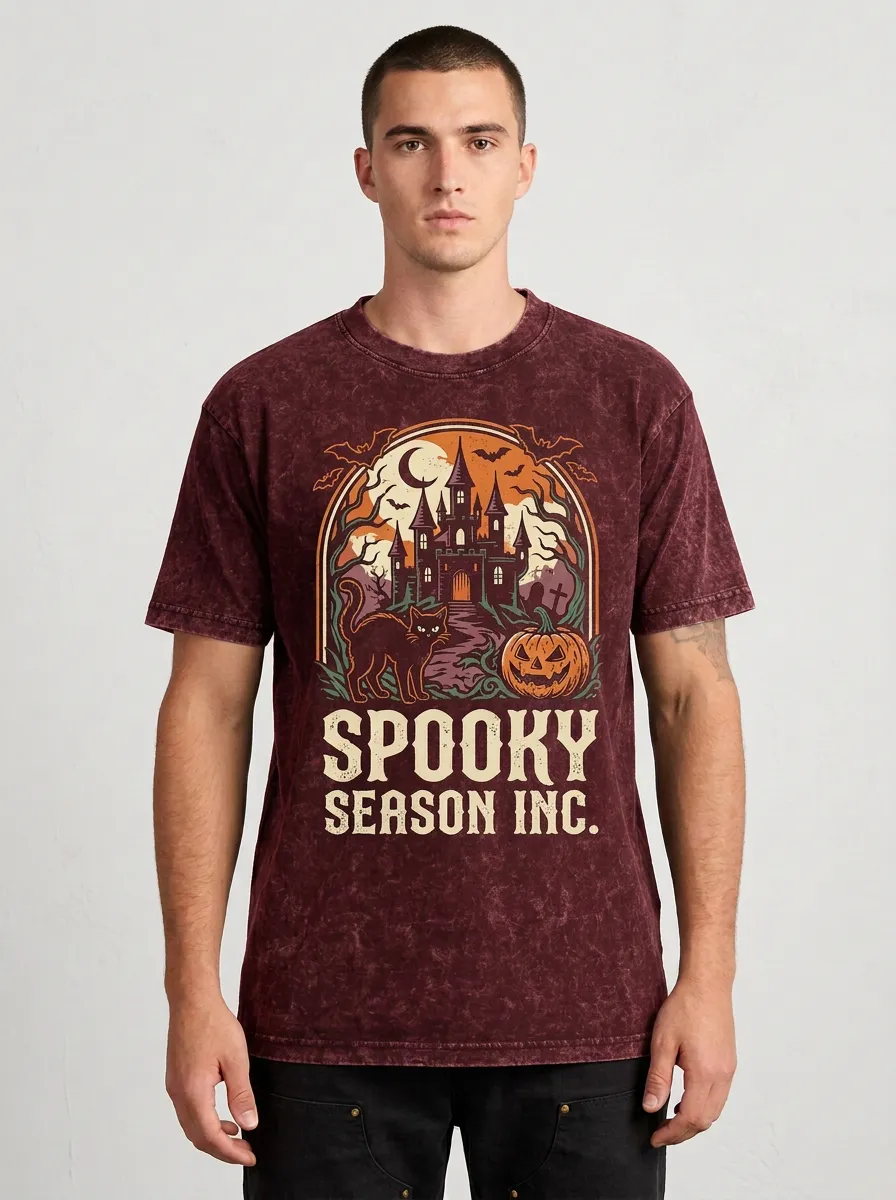 Men's Halloween Spooky Season Haunted Castle Cat Pumpkin Printed T-shirt