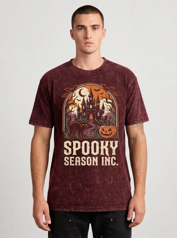 Men's Halloween Spooky Season Haunted Castle Cat Pumpkin Printed T-shirt