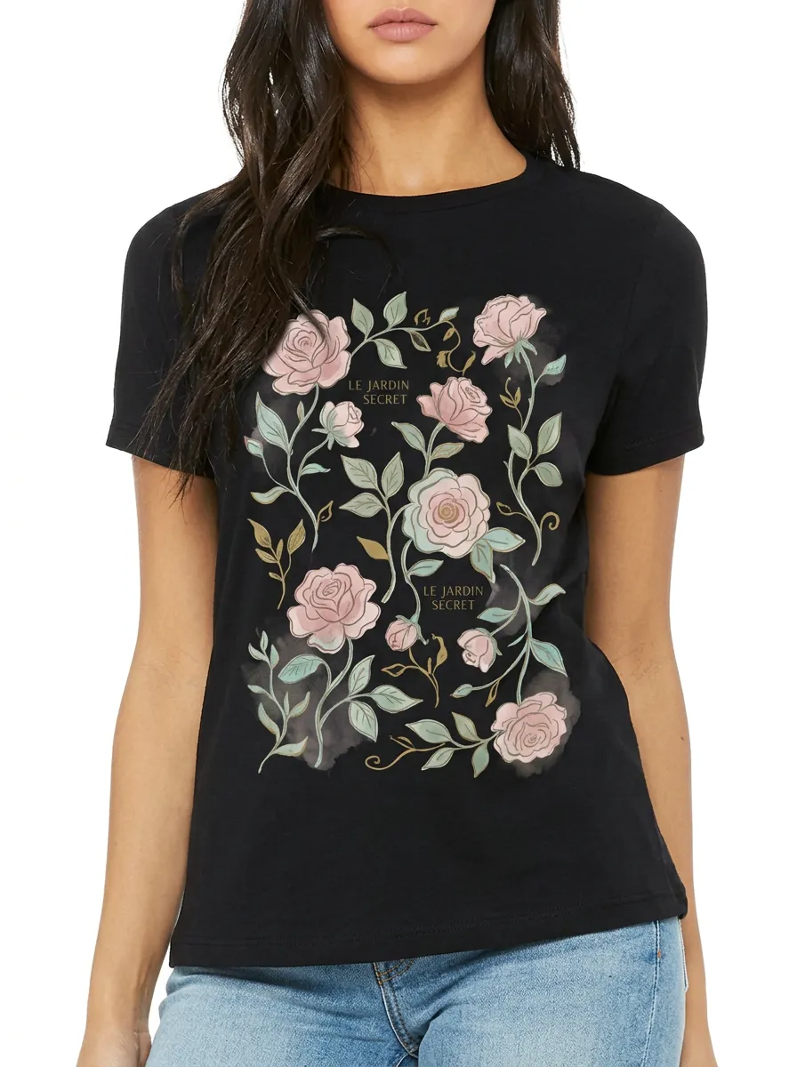 Women's Le Jardin Secret Floral Rose Botanical Printed T-shirt