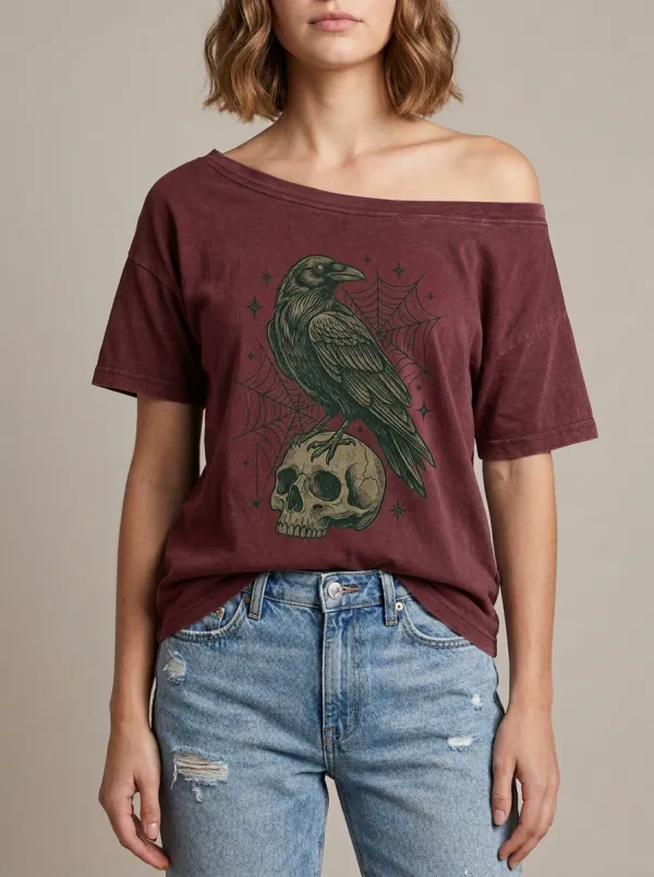 Women's Halloween Gothic Raven Skull Spiderweb Printed T-shirt