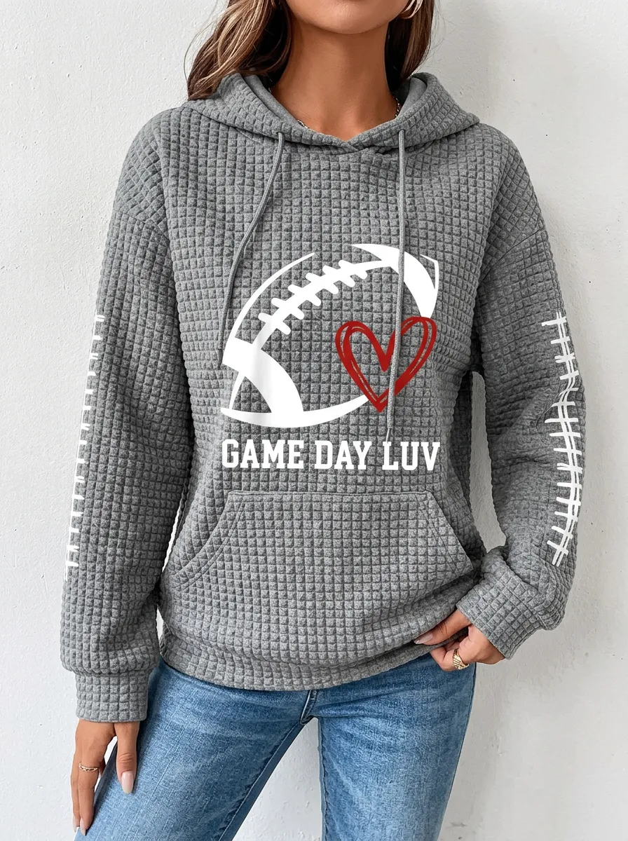 Women's Football Lover Game Day Luv Heart Printed Waffle Hoodie