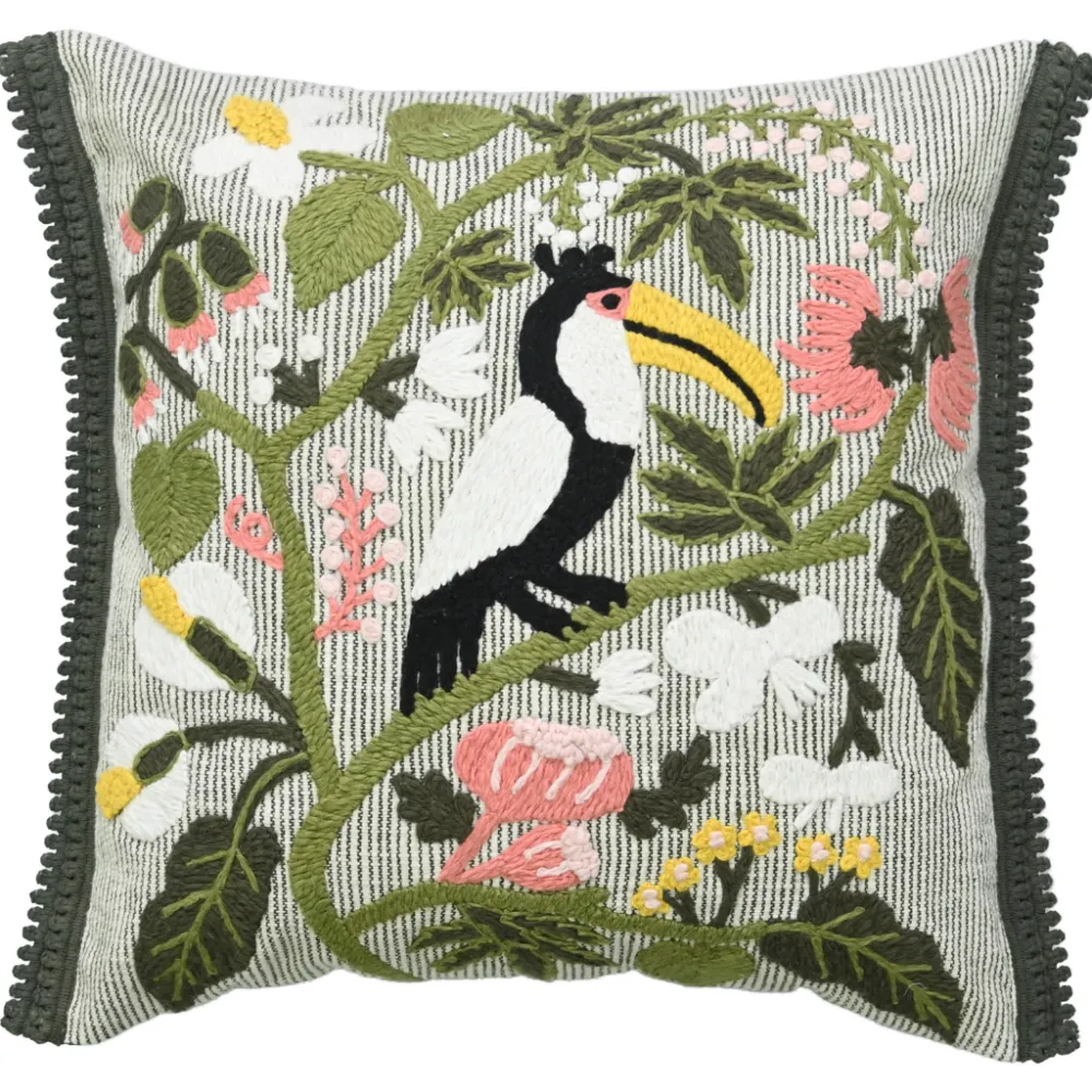 Hand Embroidered Botanical Animal Motif Cotton Decorative Cushion Cover