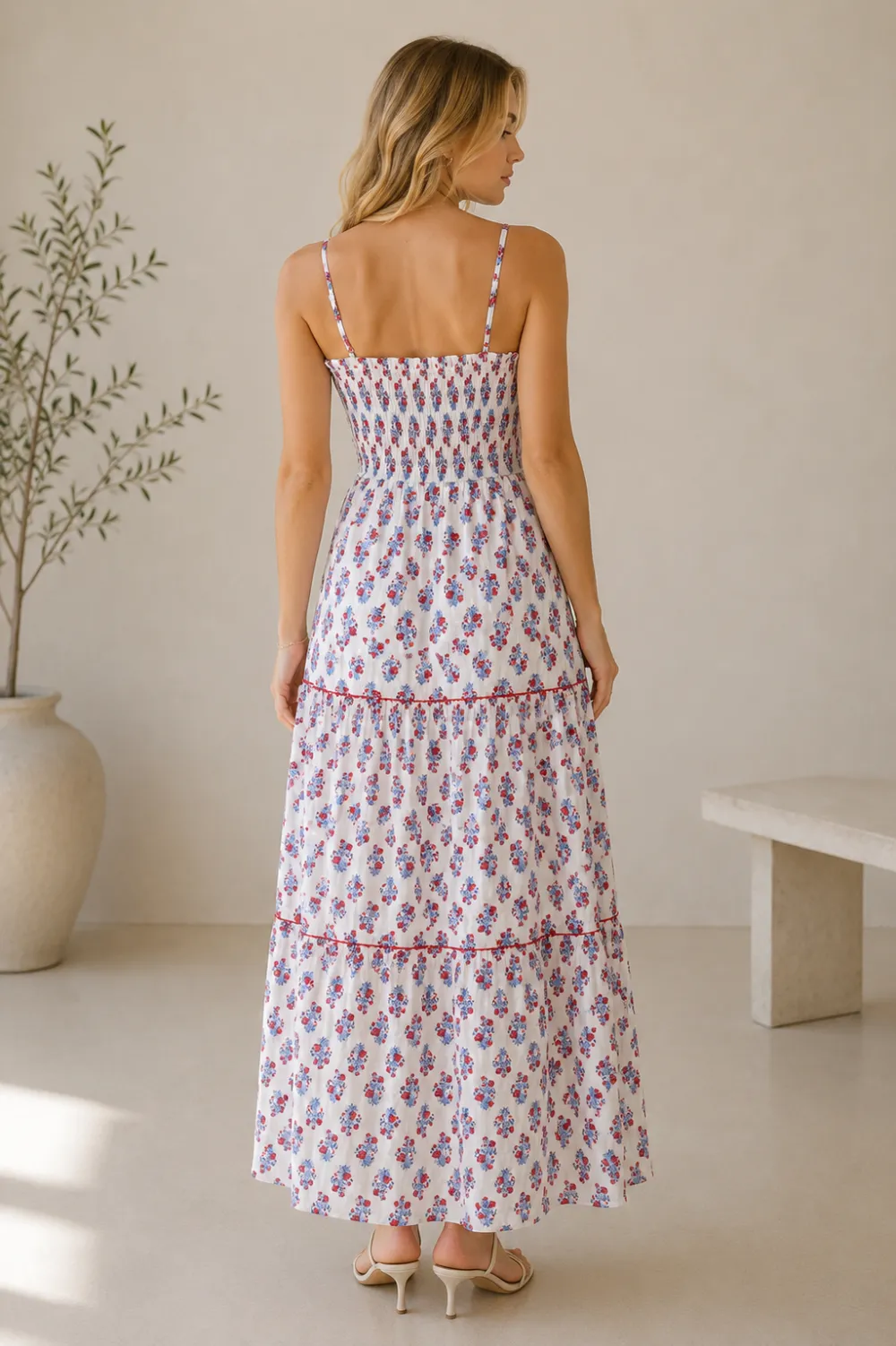 Classic Floral Smocked Tiered Square Neck Dress