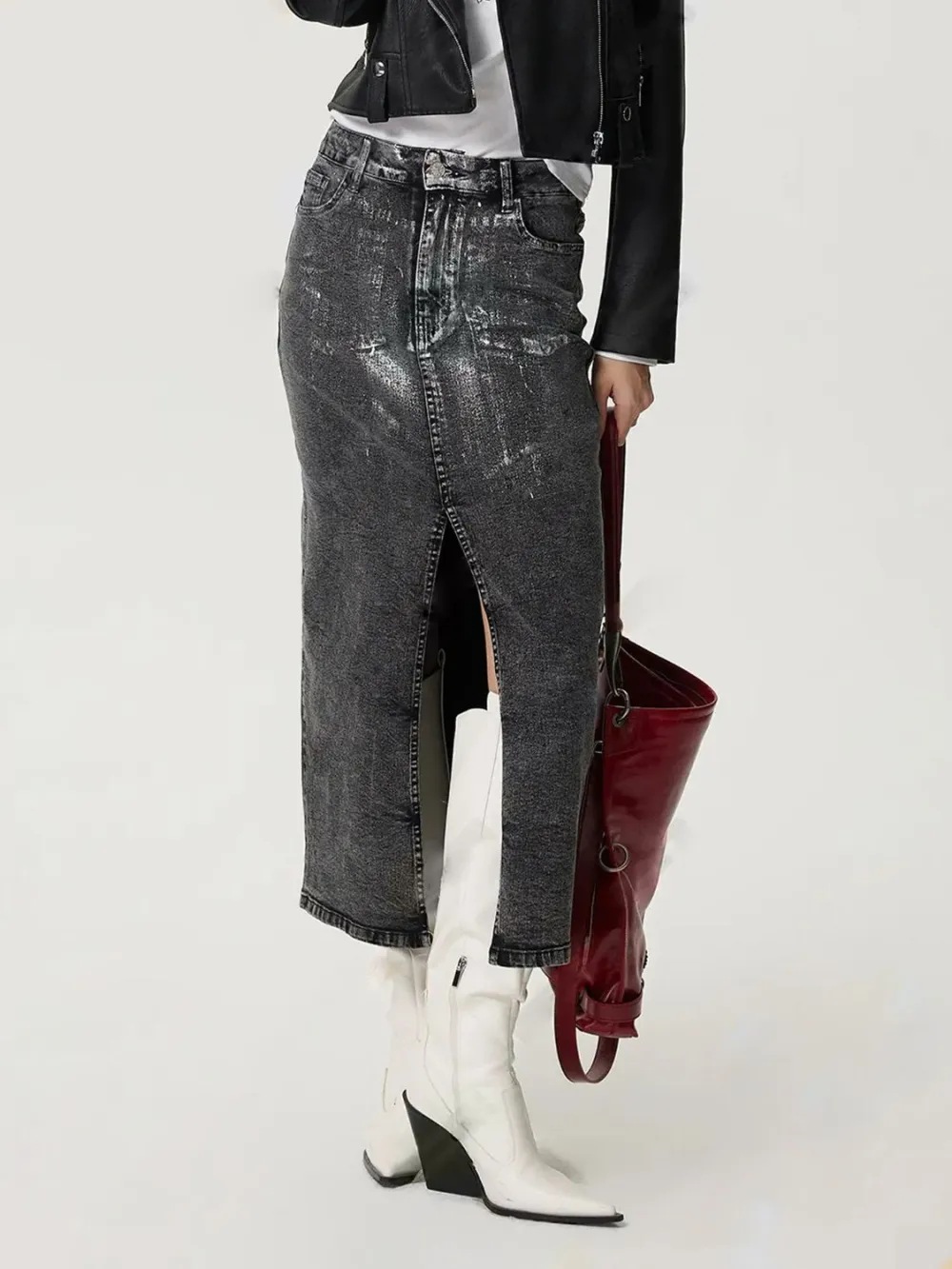 Open Button Front Denim Detail Skirt