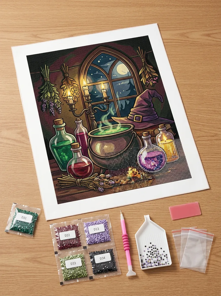 Halloween Potion-Brewing Witch Cauldron DIY Diamond Painting Kit