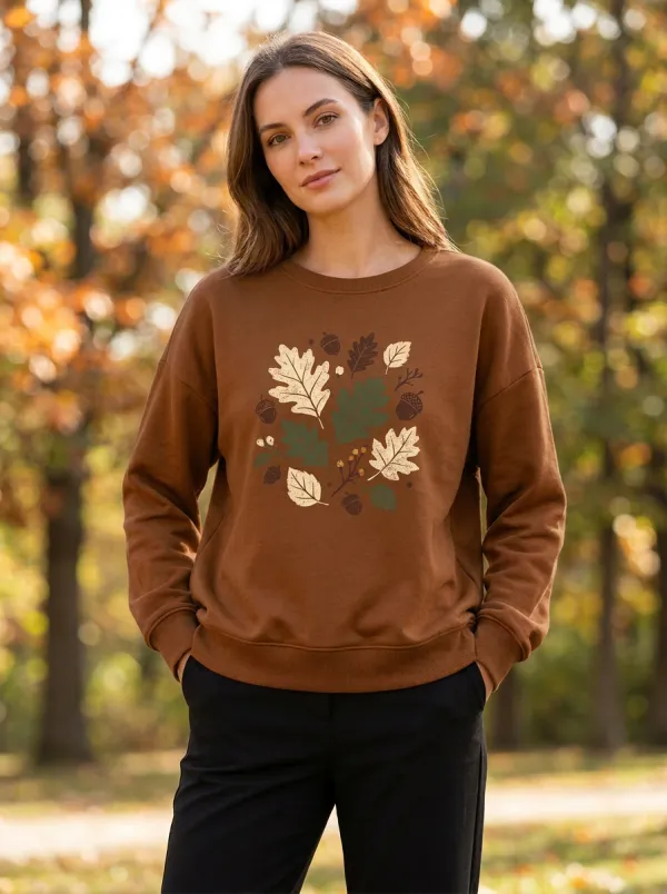 Classic Printed Acorn Leaf-Motif Graphic Sweatshirt