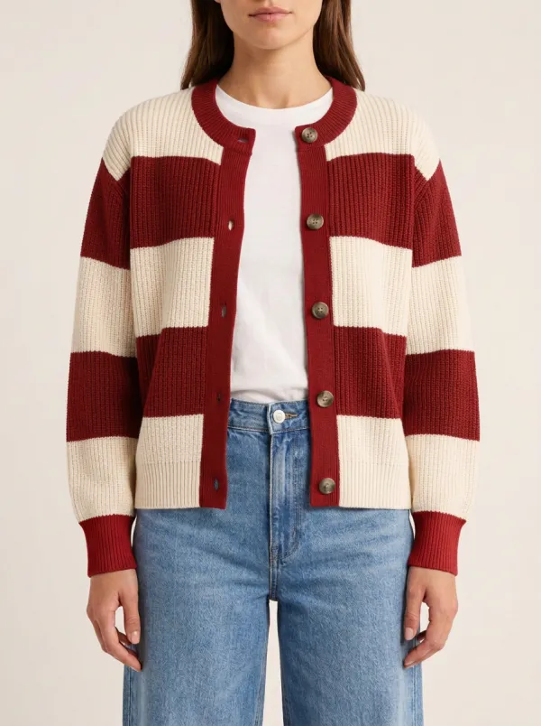 Traditional Distinctive Rugby Striped Knit Cardigan