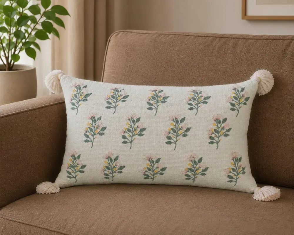 Hand Embroidered Floral Contemporary Cotton Lumbar Decorative Cushion Cover