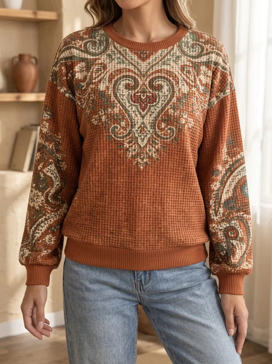 Women's Graphic Boho Paisley Pattern Waffle Knit Crewneck Sweatshirt