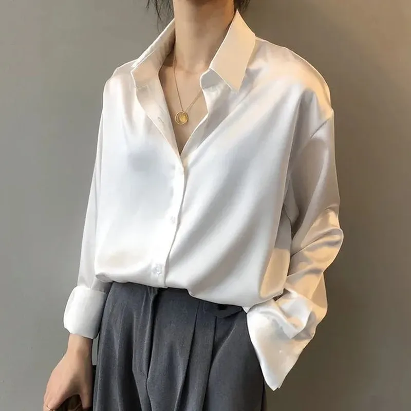 Long-Sleeve Button Down Satin Blouse