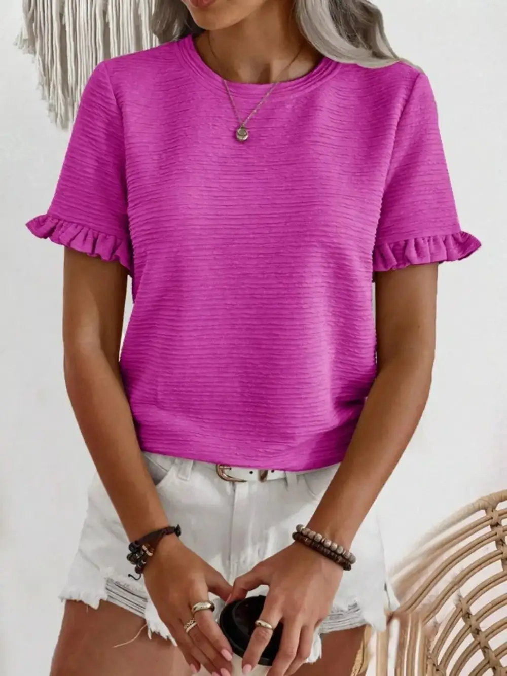 Textured Ruffle Sleeve Round Neck Blouse
