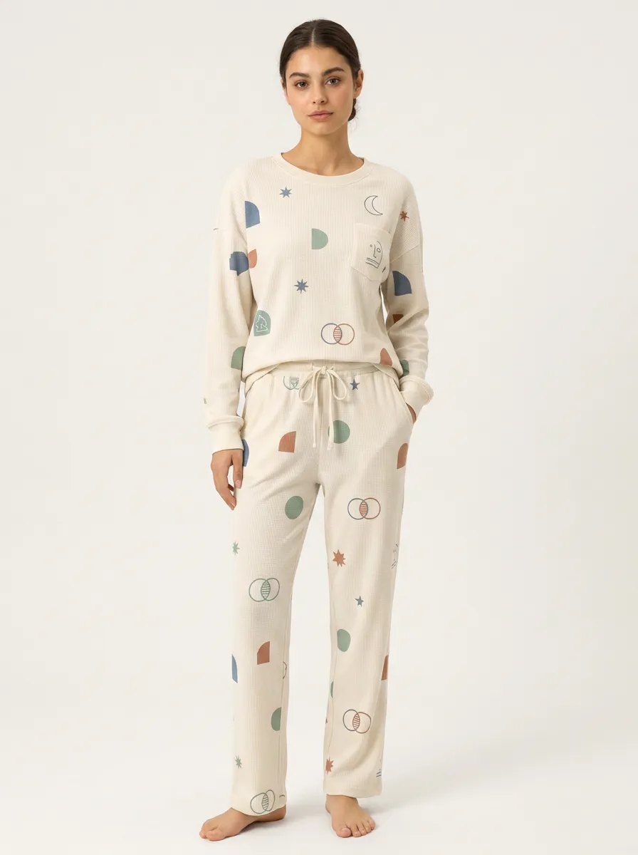Women's Abstract Geometric Moon Star Printed Waffle Lounge Set