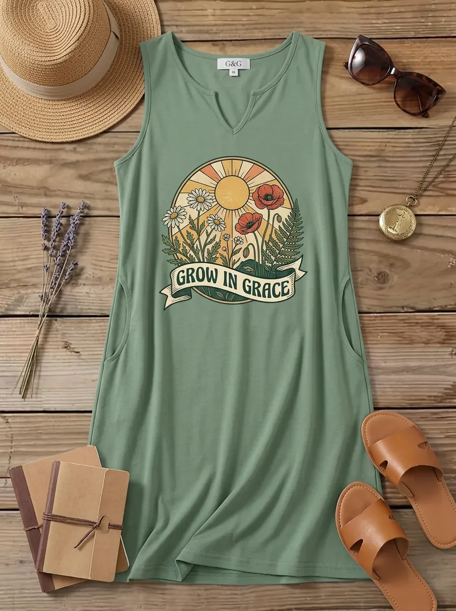 Women's Christian Faith Grow In Grace Floral Sun Printed Tank Top