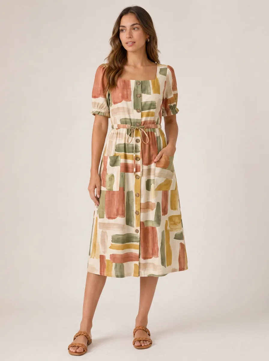 Women's Abstract Watercolor Block Printed Midi Dress