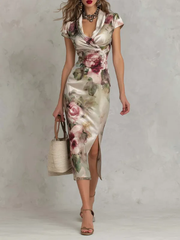 Satin Floral Print Ruched Midi Dress With Side Slit