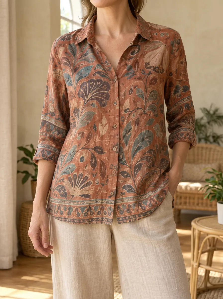 Women's Meadow Boho Floral Botanical Pattern Shirt