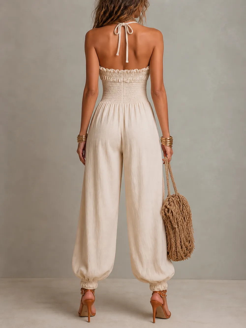Bohemian Lace-Trimmed Linen-Blend Halter Harem Jumpsuit