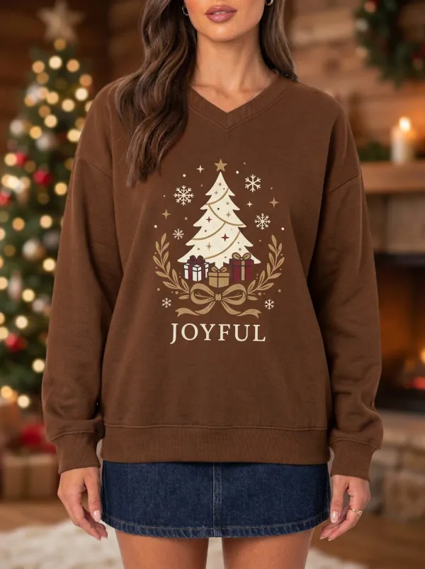 Christmas Joyful Tree Gifts Snowflake Print Sweatshirt