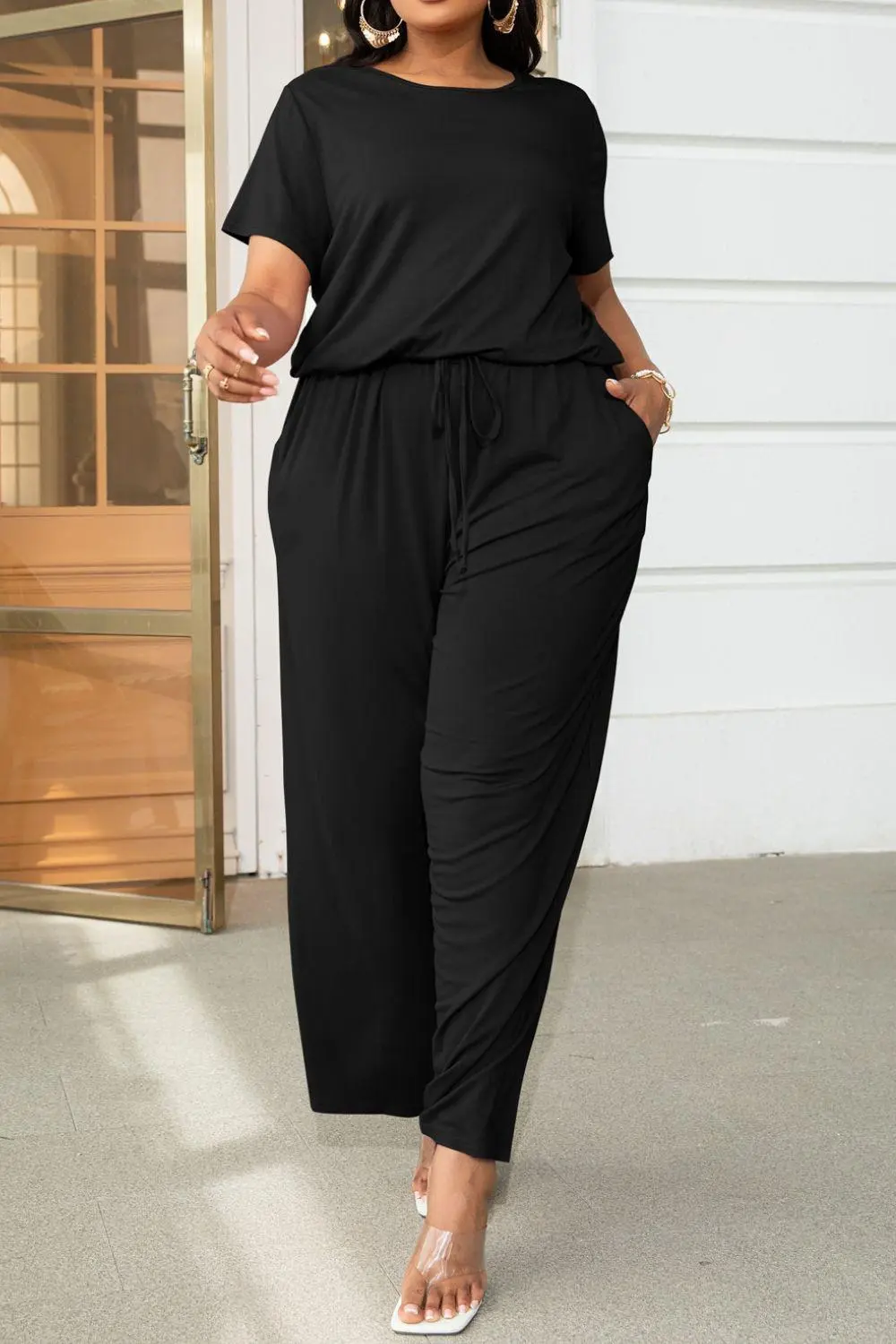 Plus Size Drawstring Waist Short Sleeve Shorts