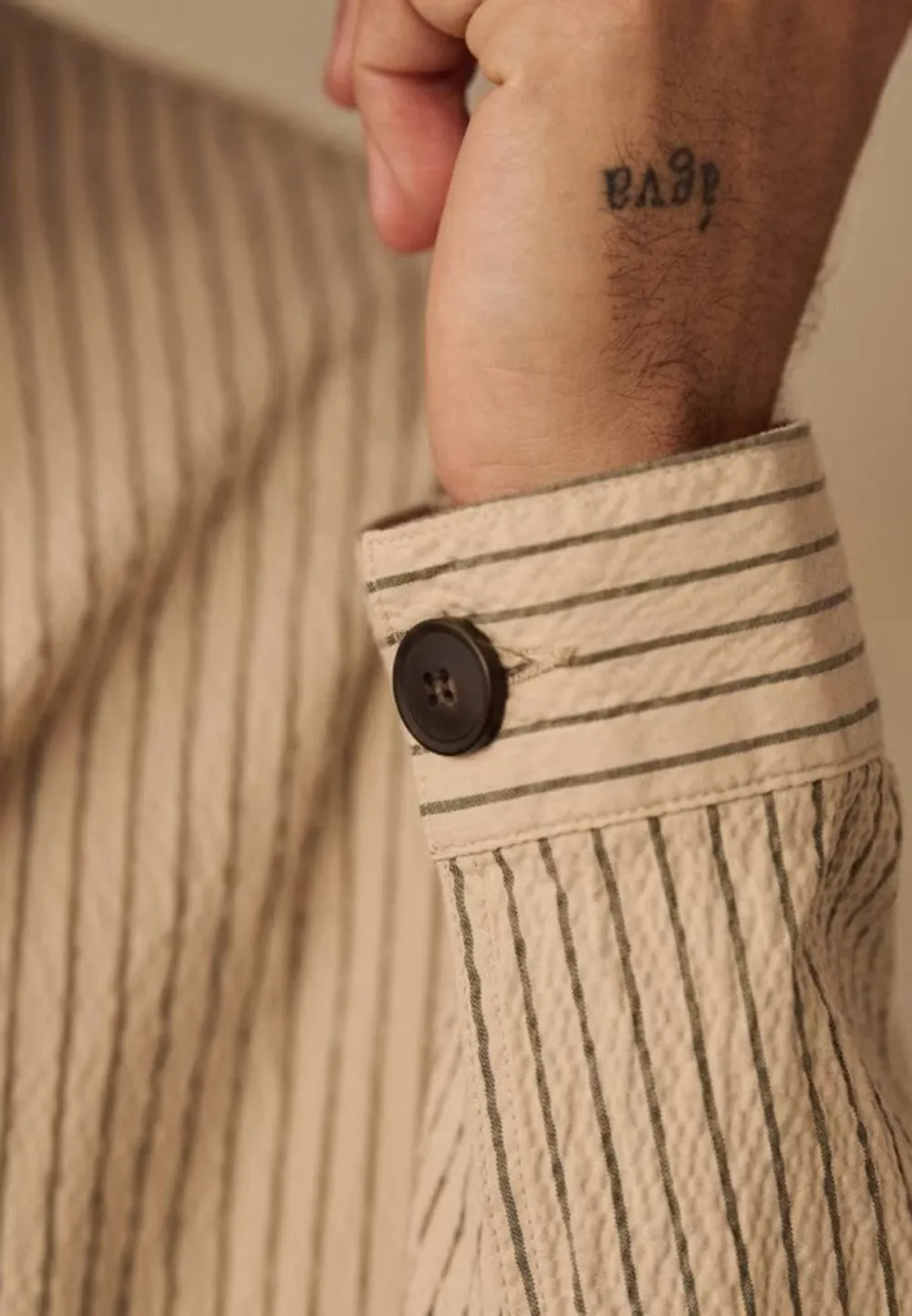 Beige Green Stripe Seersucker Casual Chore Jacket