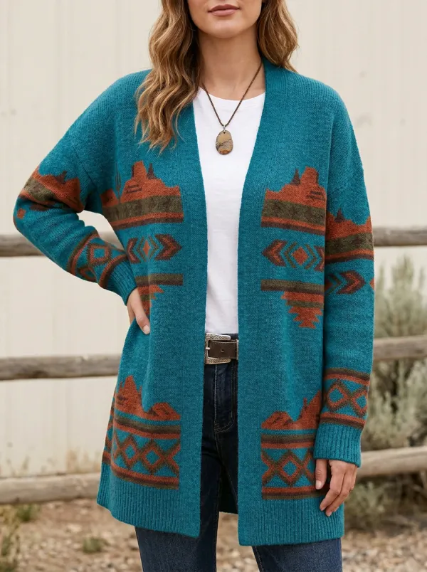Women's Western Desert Landscape Geometric Pattern Printed Cardigan
