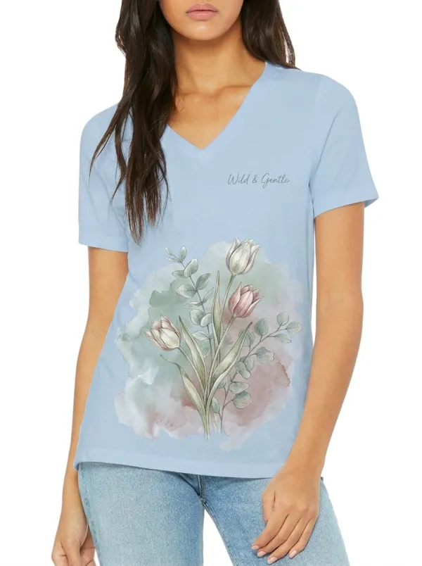 Women's Wild & Gentle Tulip Floral Watercolor Printed V-Neck T-Shirt
