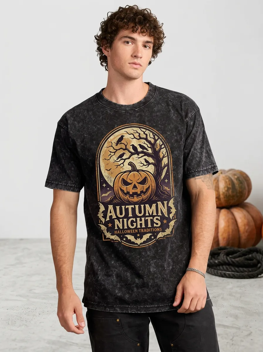Men's Halloween Autumn Nights Pumpkin Crow Printed T-shirt