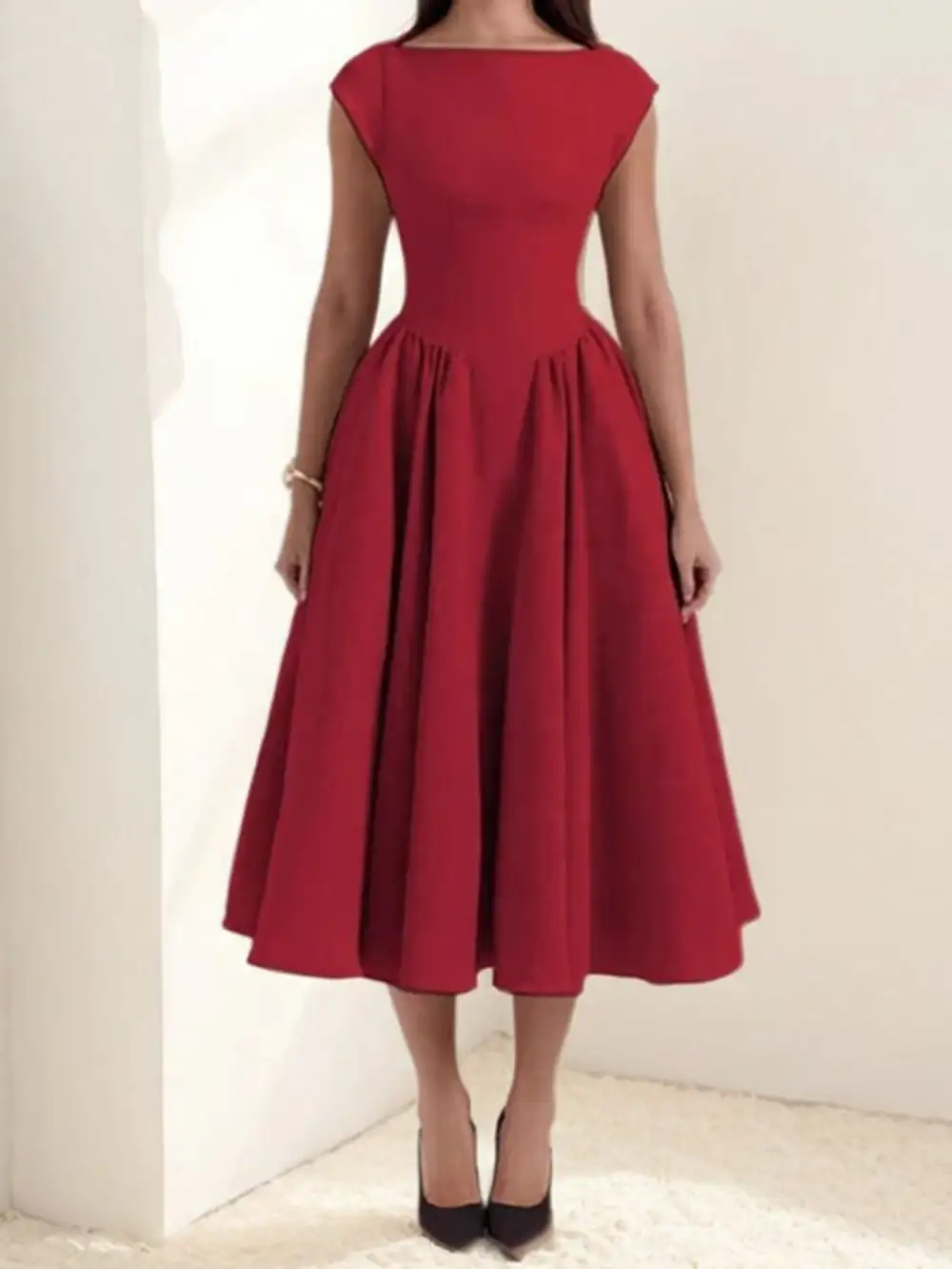 Full Size Cap Sleeve A-Line Midi Dress Plus Size
