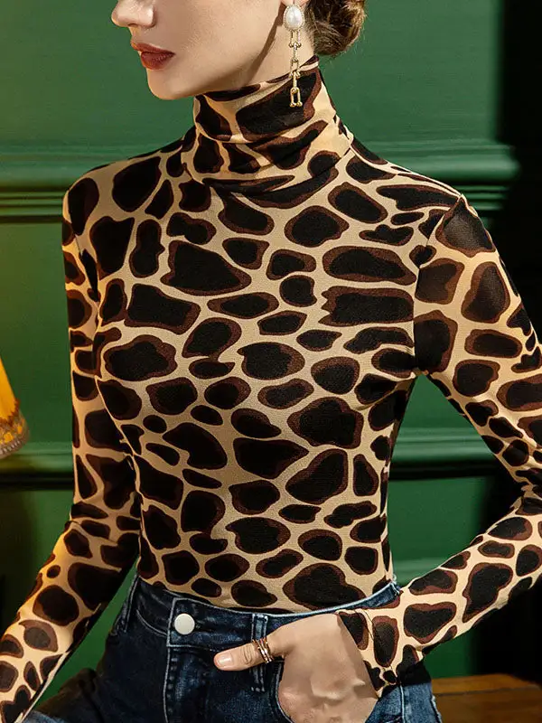 Long Sleeve Slim Fit Leopard High Neck Everyday T-Shirt