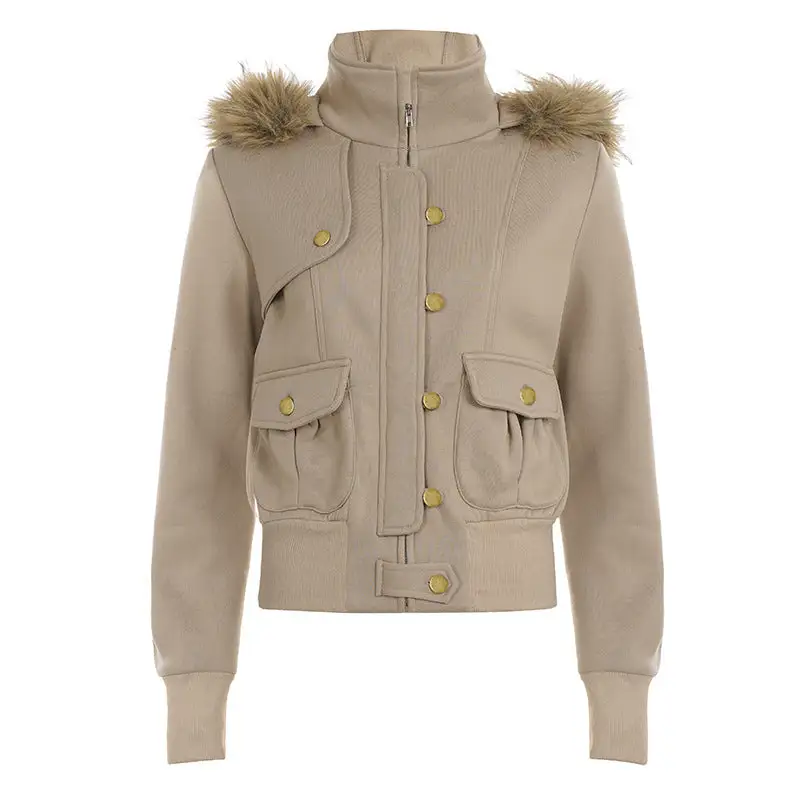 Cropped Faux Fur Hooded Stand Collar Bomber Jacket