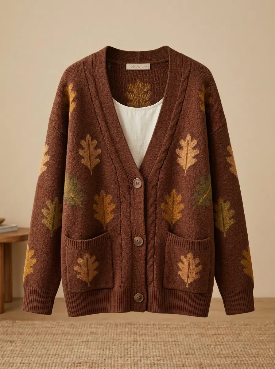 Botanical Oak Leaf Pattern Patterned Women's Knit Cardigan