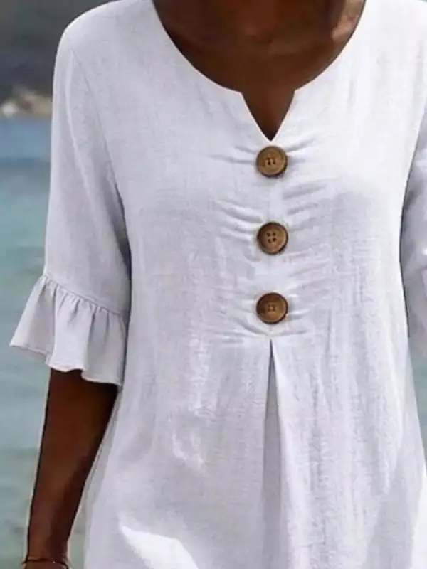 Button Decor Ruffle Sleeve Midi Dress