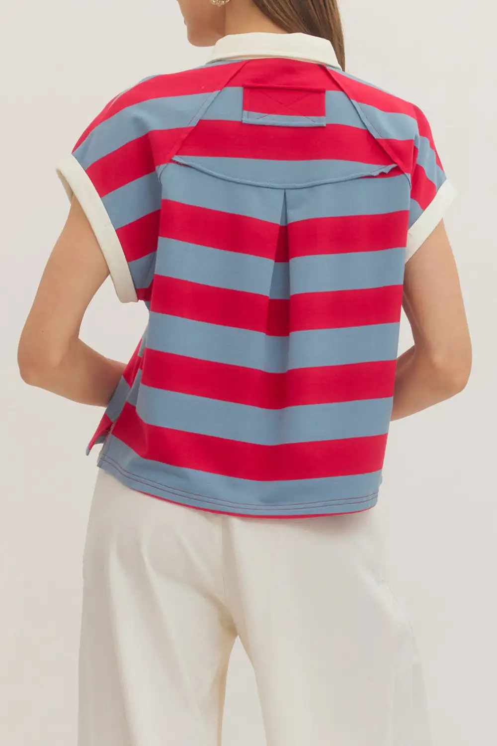 Striped Button Front Rugby Collar Pleated Top