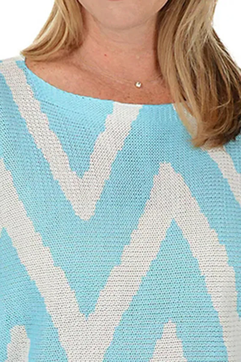 Blue Zig Zag 3/4 Sleeve Lightweight Sweater