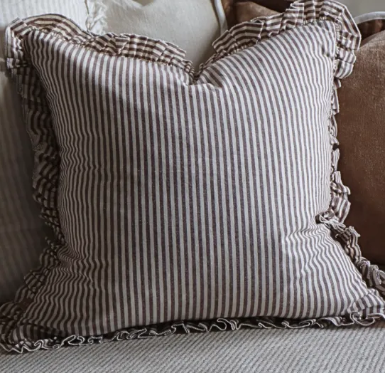 Striped Ruffled-Edge Cotton Decorative Cushion