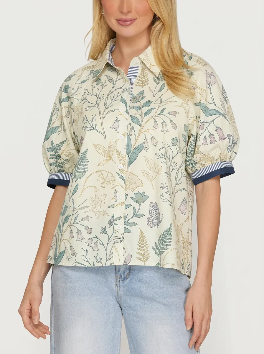Women's Botanical Butterfly Floral Printed Puff Sleeve Shirt